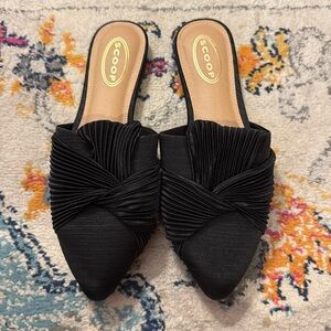 Black satin bow mules
